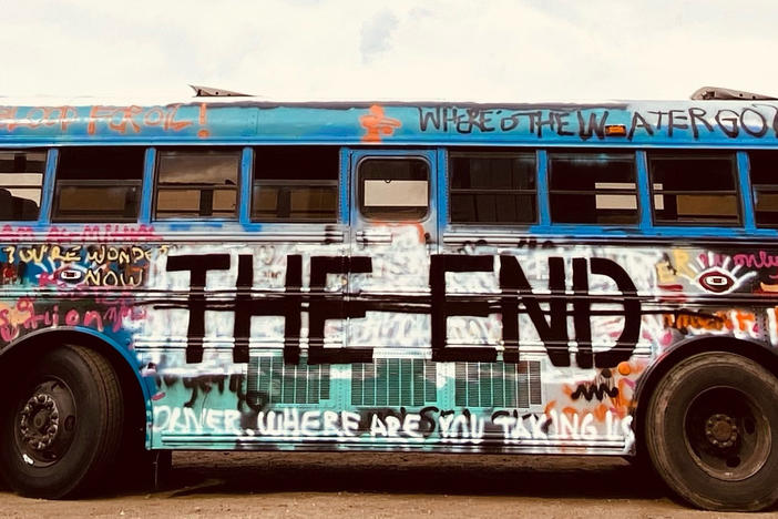 A repurposed school bus from Control Group Productions' climate change-focused immersive theater experience, <em>The End.</em>