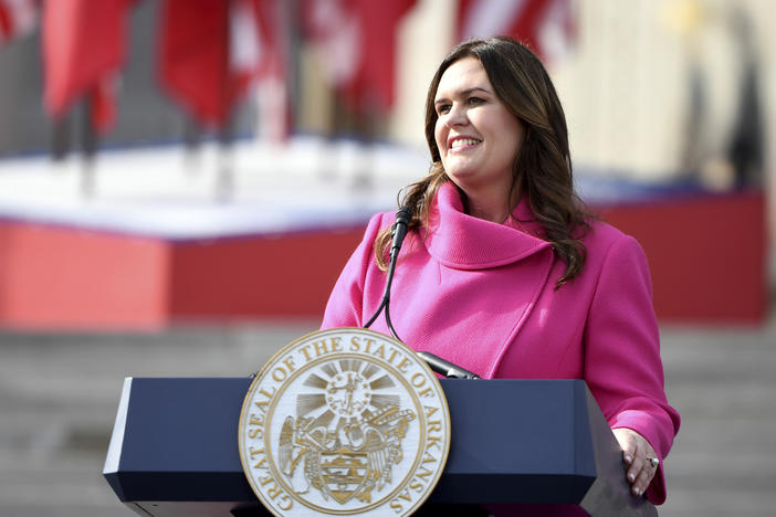 Arkansas Gov. Sarah Huckabee Sanders speaks after taking the oath of the office on the steps of the Arkansas Capitol Tuesday, Jan. 10, 2023, in Little Rock, Ark.