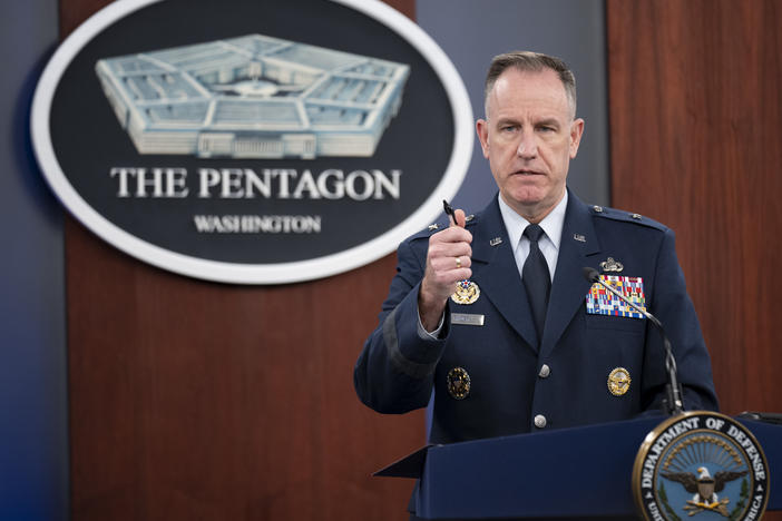 Pentagon spokesman Air Force Brig. Gen. Patrick Ryder speaks during a briefing on Jan. 17. On Thursday, he said a suspected Chinese spy balloon is "currently traveling at an altitude well above commercial air traffic and does not present a military or physical threat to people on the ground."