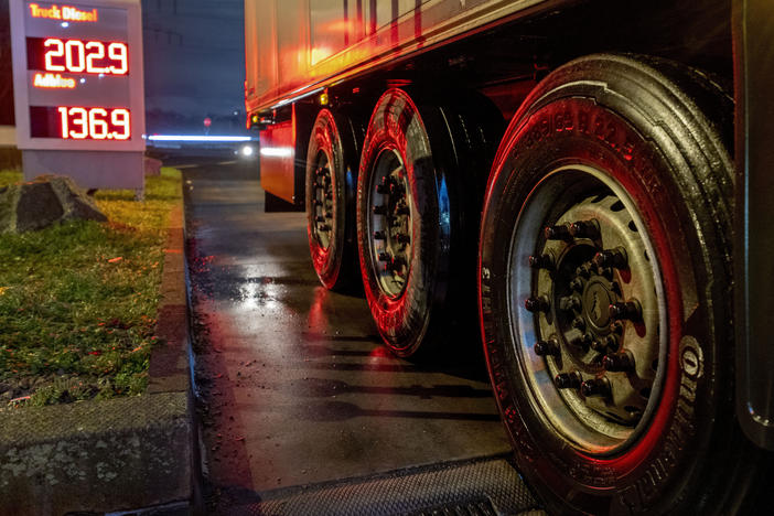 Tires of a truck are pictured at a gas station in Frankfurt, Germany, Jan. 27. A European ban on imports of diesel fuel and other products made from crude oil in Russian refineries takes effect Feb. 5. The goal is to stop feeding Russia's war chest, but fuel costs have already jumped since the war started and they could rise again.