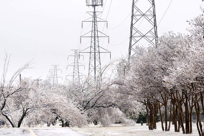 An iced over pedestrian walkway is lined by trees that are covered with ice from a few days of sleet and rain, Thursday, Feb. 2, 2023, in Dallas.