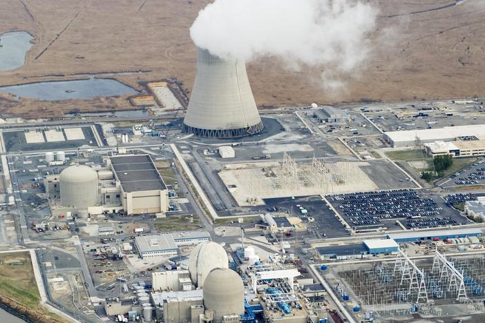 An aerial view of the Salem Nuclear Power Plant and Hope Creek Nuclear Generating Station situated on the Delaware River in Lower Alloways Township, New Jersey.