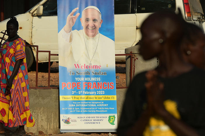A portrait of Pope Francis in South Sudan.