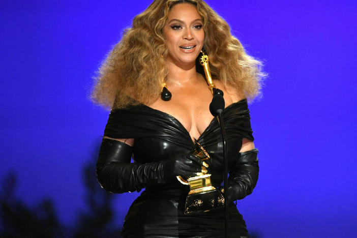 Beyoncé, accepting the Best R&B Performance award during the 63rd annual Grammy Awards held in Los Angeles in March 2021.