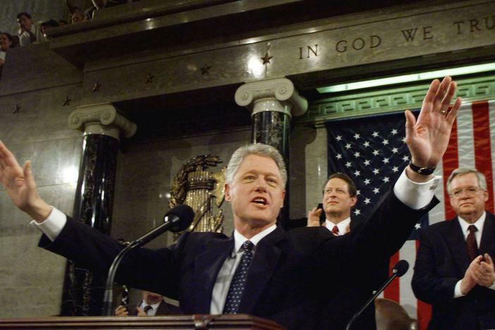 President Bill Clinton accepts the applause of members of Congress at his 1999 State of the Union address.