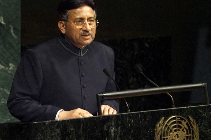 FILE - Pervez Musharraf addresses the U.N. General Assembly on Nov. 10, 2001, at the United Nations headquarters in New York. An official said Sunday, Feb. 5, 2023, Gen. Pervez Musharraf, Pakistan military ruler who backed US war in Afghanistan after 9/11, has died.