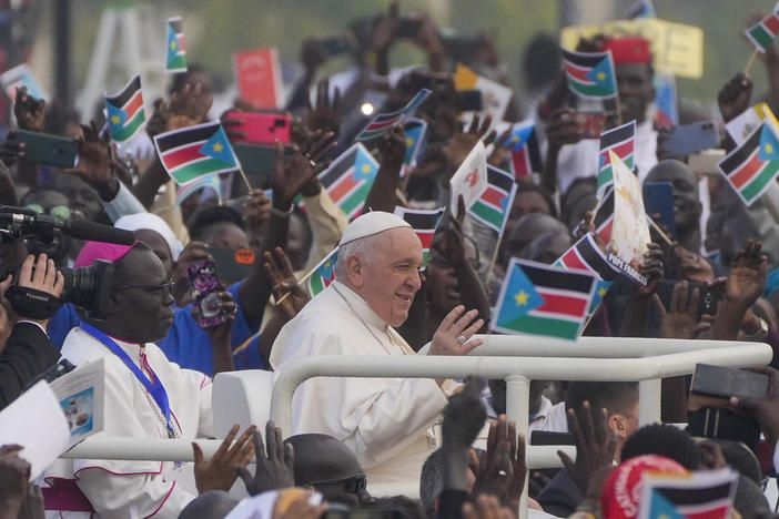 Pope Francis arrives to celebrate mass at the John Garang Mausoleum in Juba, South Sudan, Sunday, Feb. 5, 2023. Francis is in South Sudan on the second leg of a six-day trip that started in Congo, hoping to bring comfort and encouragement to two countries that have been riven by poverty, conflicts and what he calls a "colonialist mentality" that has exploited Africa for centuries.