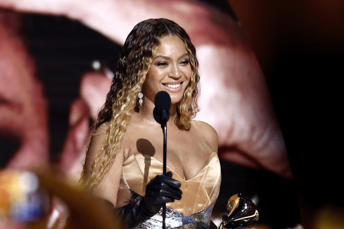 Beyoncé accepts best dance/electronic music album for <em>RENAISSANCE</em> during the 65th Grammy Awards in Los Angeles Sunday. The prize gave her 32 Grammys, the most of any artist in the awards' history.