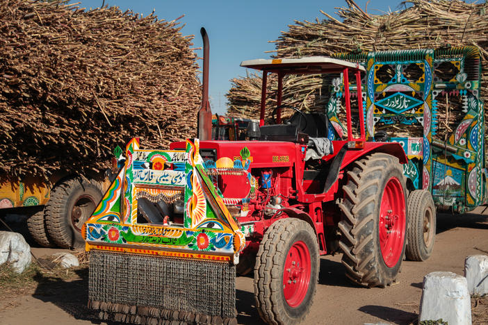 A Belorusian tractor laden with harvested sugarcane idles outside a sugar mill.