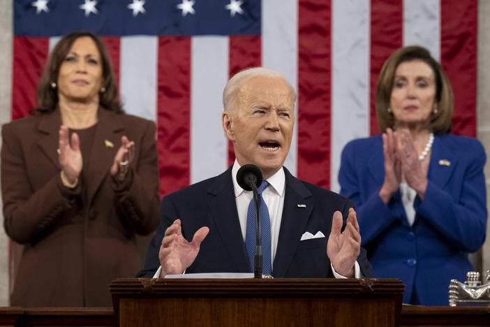 President Biden delivers the State of the Union address as U.S. Vice President Kamala Harris (L) and House Speaker Nancy Pelosi (D-CA) look on last March.