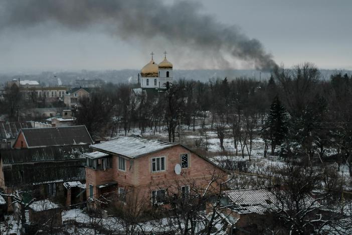 Black smoke rises after shelling in Bakhmut, in eastern Ukraine, on Feb. 3, amid the Russian invasion of Ukraine.