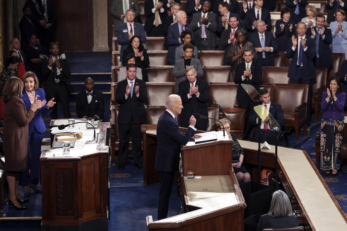 U.S. President Joe Biden delivers the State of the Union address alongside Vice President Kamala Harris and Speaker of the House Nancy Pelosi (D-CA) during a joint session of Congress in the U.S. Capitol's House Chamber March 01, 2022 in Washington, DC.