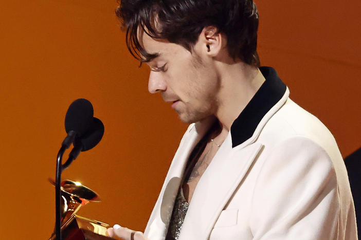 Harry Styles accepts the album of the year award for <em>Harry's House</em> during the 65th Grammy Awards on Feb. 05, 2023 in Los Angeles, California.