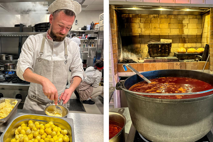 (Left) A Ukrainian chef prepares mashed potatoes in the kitchen at Yoy restaurant. (Right) Traditional Ukrainian beet stew known as borsch is being prepared. It's the restaurant's most popular dish.