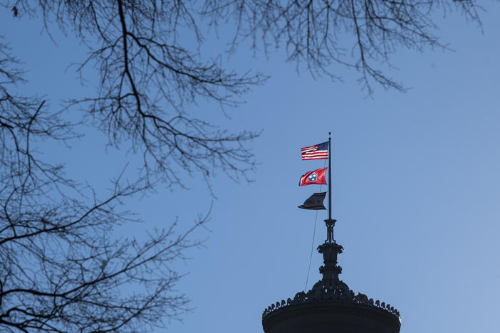 Flags fly over the state capitol, Friday, Feb.11, 2022, in Nashville, Tenn. Republican lawmakers there are working to restrict drag shows in the state.