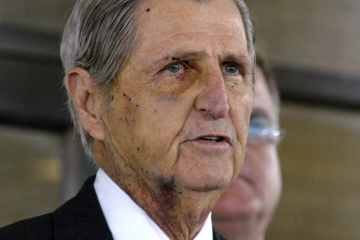 Harry Whittington speaks with members of the media on Feb. 17, 2006, in front of a hospital in Corpus Christi, Texas. Whittington, the man who then-Vice President Dick Cheney accidentally shot while they were hunting quail on a Texas ranch, died Saturday in Austin.