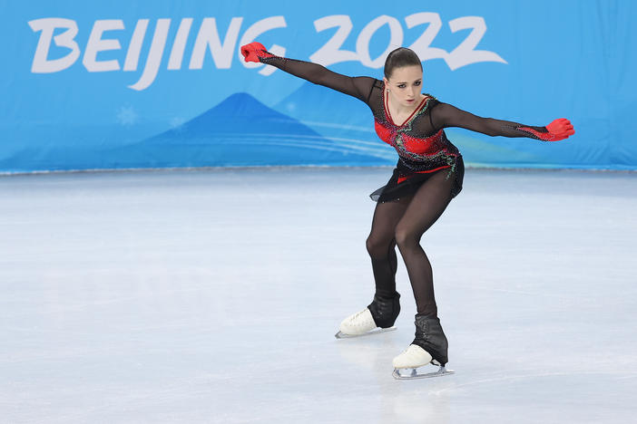 Kamila Valieva of Russia competes during the Women Single Skating Free Skate at the Beijing 2022 Winter Olympic Games at Capital Indoor Stadium on February 07, 2022.
