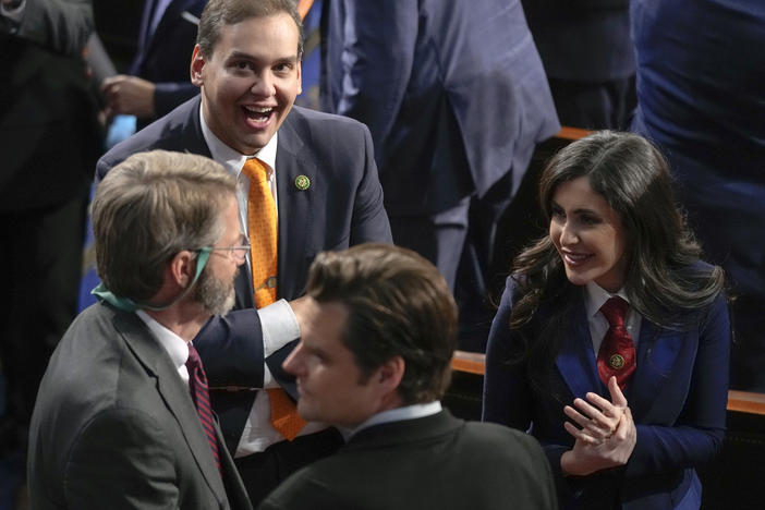 Rep. George Santos and other Republicans gather in the House Chamber before President Biden delivered the State of the Union address on Tuesday.