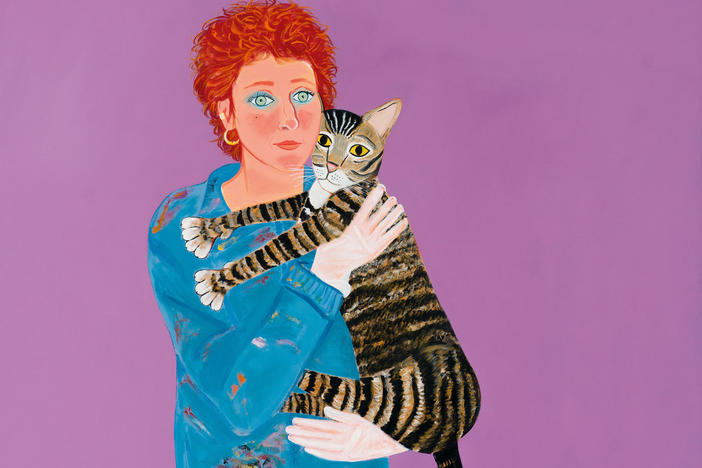 Joan Brown's<em data-stringify-type="italic"> Joan + Donald</em>, 1982, Oil enamel on canvas, 72 1/4 x 60 in. (183.5 x 152.4 cm), collection of Adam Lindemann