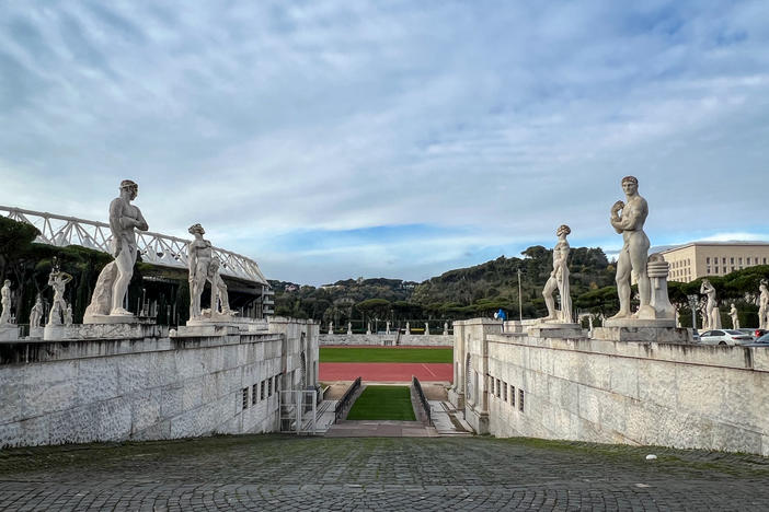 The fascist origins of this Roman sports center can be seen in its monumental sculpture and architecture.