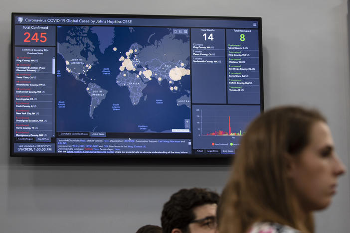 The COVID-19 dashboard created by the Johns Hopkins Center for Systems Science and Engineering is displayed during a briefing on Capitol Hill in early March 2020, when only 245 confirmed cases had been reported in the U.S.