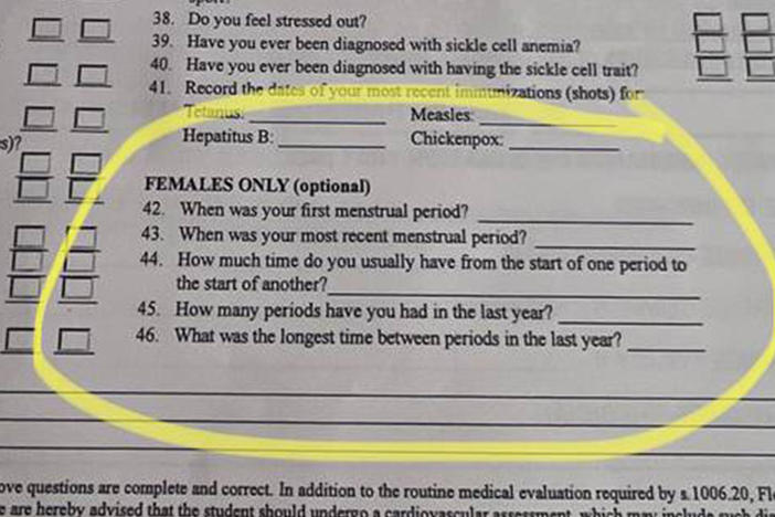 The part of the form that deals with menstrual cycles and had been optional. The Florida High School Athletic Association's board of directors voted to remove the questions about high school athletes' menstrual history.