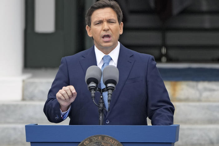 Florida Gov. Ron DeSantis speaks after being sworn in for his second term during an inauguration ceremony at the Old Capitol, Tuesday, Jan. 3, 2023, in Tallahassee, Fla.
