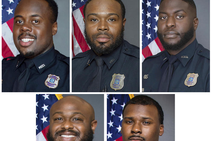 This combination of images provided by the Memphis Police Department shows, from top row from left, officers Tadarrius Bean, Demetrius Haley, Emmitt Martin III, bottom row from left, Desmond Mills, Jr. and Justin Smith.