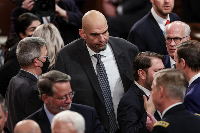 Sen. John Fetterman, D-Pa., arrives for President Biden's State of the Union address earlier this week. Fetterman was hospitalized on Wednesday and discharged on Friday.