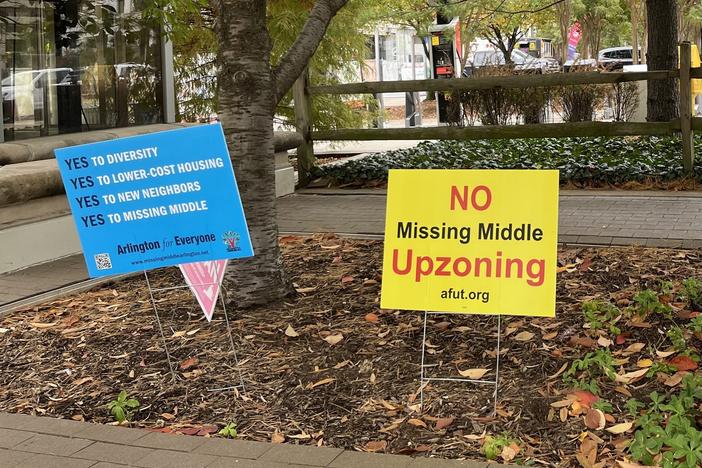 Dueling signs dot Virginia's Arlington County as residents debate the zoning reform proposal. This photo first appeared in DCist. Click <a href="https://wamu.org/story/23/01/20/arlington-missing-middle-housing/">here</a> to read that story.