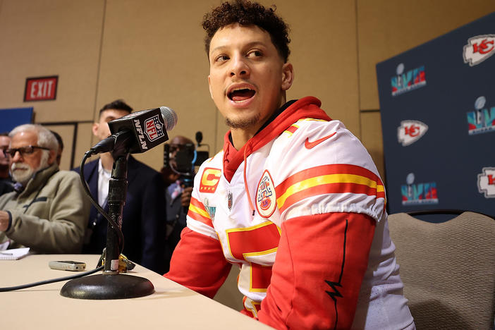 Patrick Mahomes of the Kansas City Chiefs speaks to the media during the Kansas City Chiefs media availability prior to Super Bowl LVII at the Hyatt Regency Gainey Ranch on Feb. 7, 2023 in Scottsdale, Arizona.