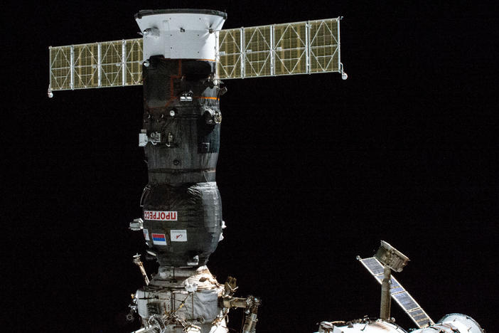 The Russian Progress MS-21 cargo craft is pictured on Oct. 28, 2022, shortly after docking at the International Space Station. On Saturday, the Russian space corporation said the spacecraft lost cabin pressure.