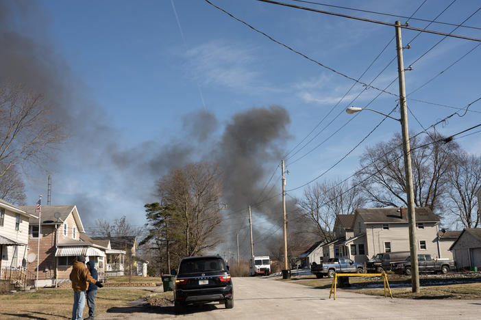 Smoke rises from a derailed cargo train in East Palestine, Ohio, on Feb. 4.