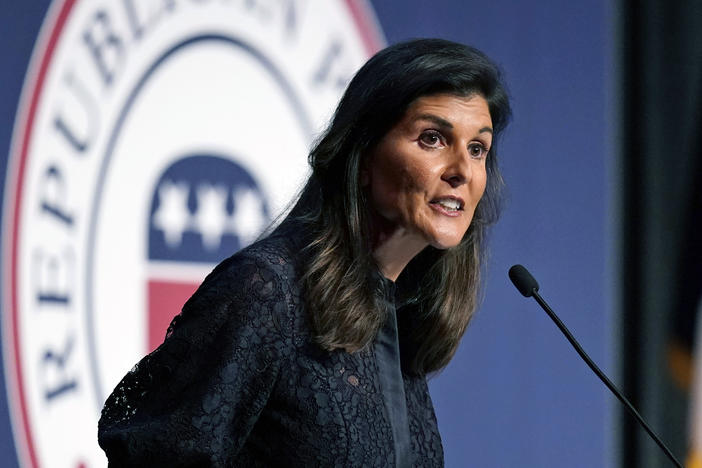 In this file image, former U.N. Ambassador and former South Carolina Gov. Nikki Haley speaks during the Iowa Republican Party's Lincoln Dinner, on June 24, 2021, in West Des Moines, Iowa.