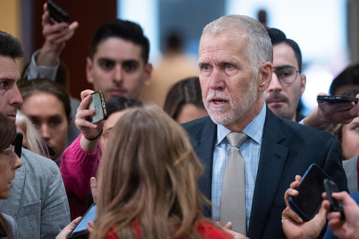 Sen. Thom Tillis, R-N.C., speaks to reporters after the Senate classified briefing on the three unidentified objects shot down by the U.S. military over Alaska, Canada and Lake Huron, in the Capitol on Tuesday, February 14, 2023.