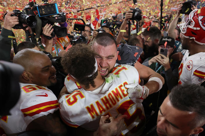 Travis Kelce and Patrick Mahomes of the Kansas City Chiefs celebrate after defeating the Philadelphia Eagles 38-35 in the Super Bowl.