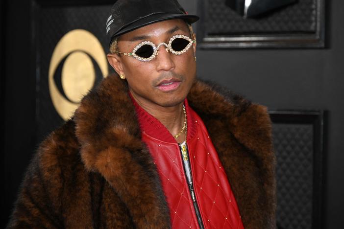 Pharrell Williams poses at the Grammy Awards in Los Angeles earlier this month.