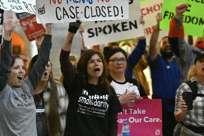 Protester outside the Kentucky Supreme Court chambers rally in favor of abortion rights as the Kentucky Supreme Court hears arguments whether to temporarily pause the state's abortion ban in Frankfort, Ky., Tuesday, Nov. 15, 2022.