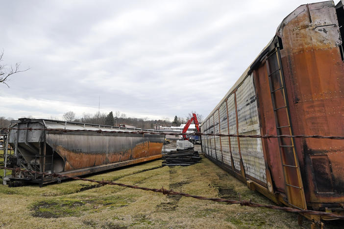 Some of the railcars that derailed Friday night when a Norfolk Southern freight train derailed are in the process of being cleaned up on Thursday, Feb. 9, 2023 in East Palestine, Ohio.