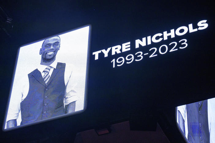 The screen at the Smoothie King Center in New Orleans honors Tyre Nichols before an NBA game between the New Orleans Pelicans and the Washington Wizards on Jan. 28.