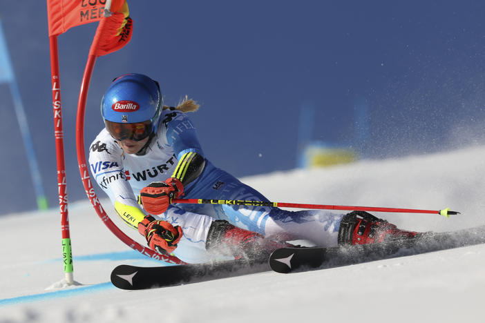 Mikaela Shiffrin speeds down the course during an alpine ski World Championships giant slalom in Meribel, France, on Thursday.