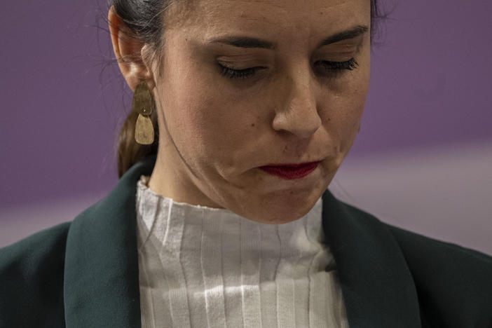 Spain's Equality Minister Irene Montero looks down during a press conference in Madrid on Jan. 27. Spain's parliament passed laws on Thursday expanding abortion and transgender rights for teenagers, while making Spain the first country in Europe entitling workers to paid menstrual leave.