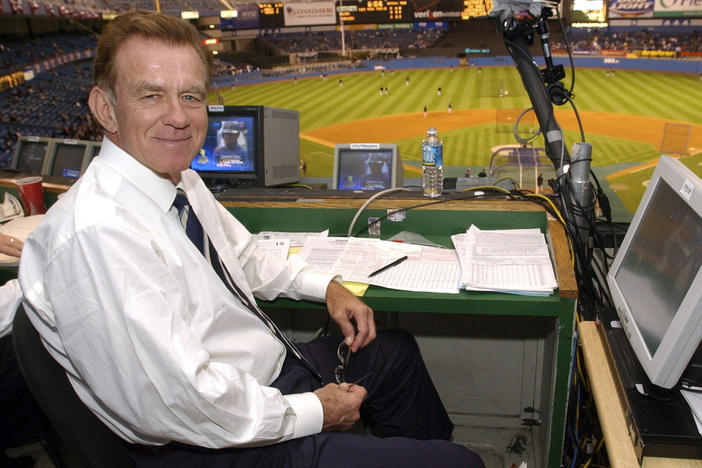 Baseball announcer Tim McCarver poses in the press box before the start of Game 2 of the American League Division Series on Oct. 2, 2003, in New York. The All-Star catcher and Hall of Fame broadcaster died Thursday at age 81.