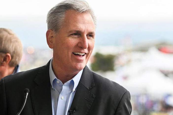 Speaker of the House Kevin McCarthy speaks to the media following the opening ceremonies at the World Ag Expo on Tuesday in Tulare, Calif.