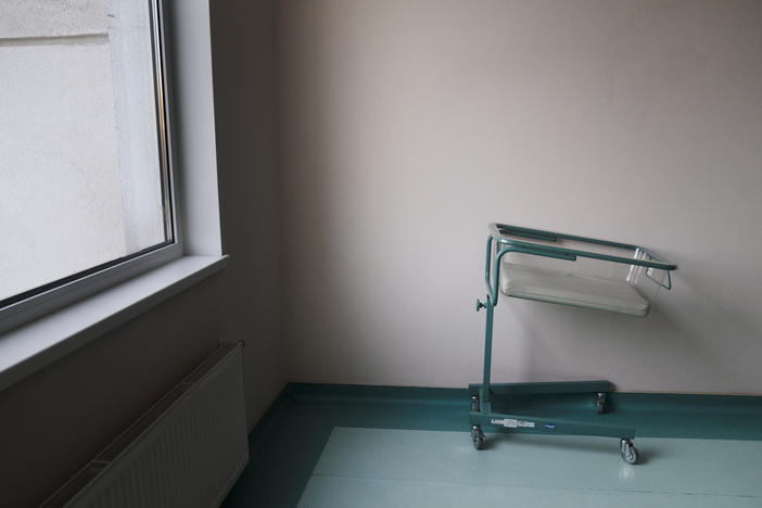 An empty baby cart in a maternity hospital in Kyiv, Ukraine.