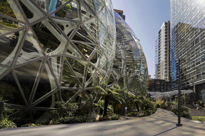 Amazon CEO Andy Jassy said corporate employees will be required to return to the office at least three days a week. Here, the Amazon campus outside the company headquarter in Seattle is pictured in March 2020.