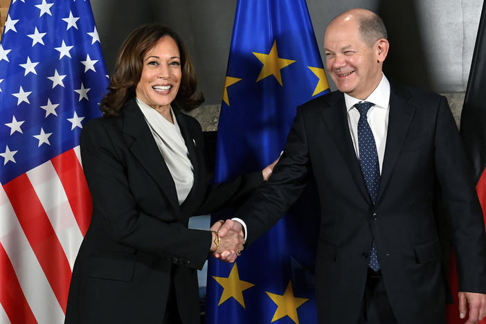 US Vice President Kamala Harris, left, and German Chancellor Olaf Scholz, right, shake hands prior to a bilateral meeting at the Munich Security Conference in Munich, Germany, Friday, Feb. 17, 2023. The 59th Munich Security Conference (MSC) takes place from Feb. 17 to Feb. 19, 2023 at the Bayerischer Hof Hotel in Munich.