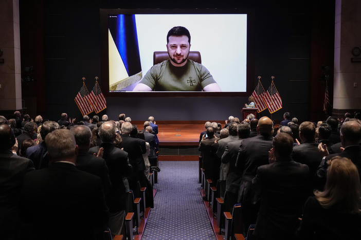 Ukrainian President Volodymyr Zelenskyy delivers a virtual address to Congress at the U.S. Capitol on March 16, 2022, less than a month after Russia's invasion of Ukraine.