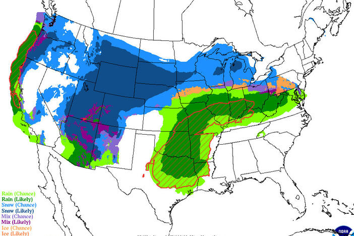 The National Weather Service forecast map for Wednesday calls for a massive winter storm to drop heavy snow on many U.S. states. This image shows only a portion of a storm's <a href="https://www.wpc.ncep.noaa.gov/basicwx/basicwx_ndfd.php">broad impact</a>.