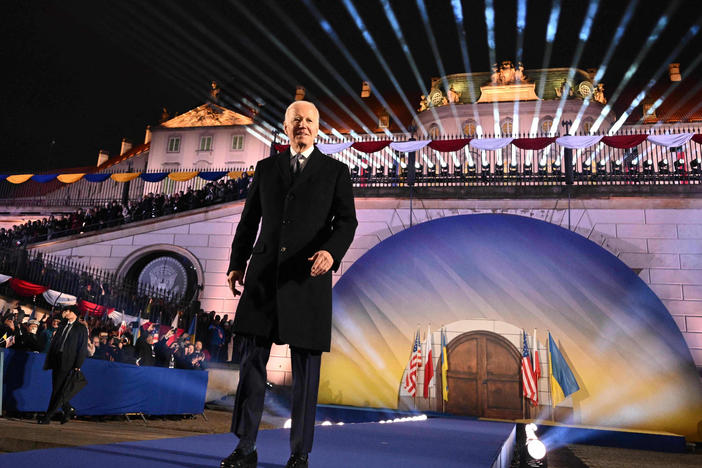President Biden delivers a speech at the Royal Castle in Warsaw, Poland a day after his secret visit to Ukraine. Biden promised further U.S. support for Ukraine as it continues fighting Russia's invasion.